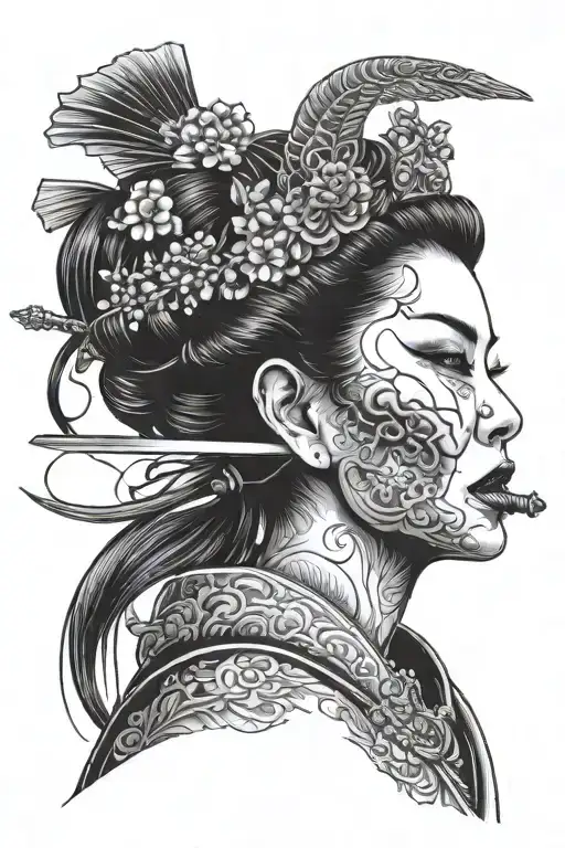 Evil Geisha Girl With Sword Threw The Head Profile Holding