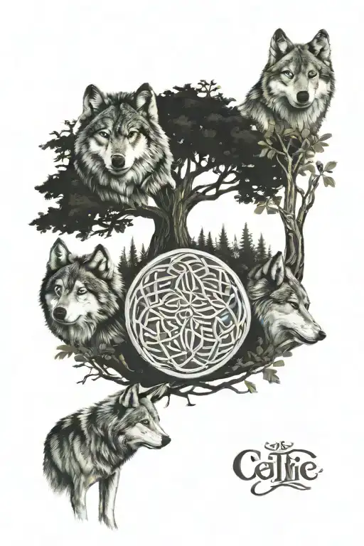 4 Wolves With Celtic Tree Of Life