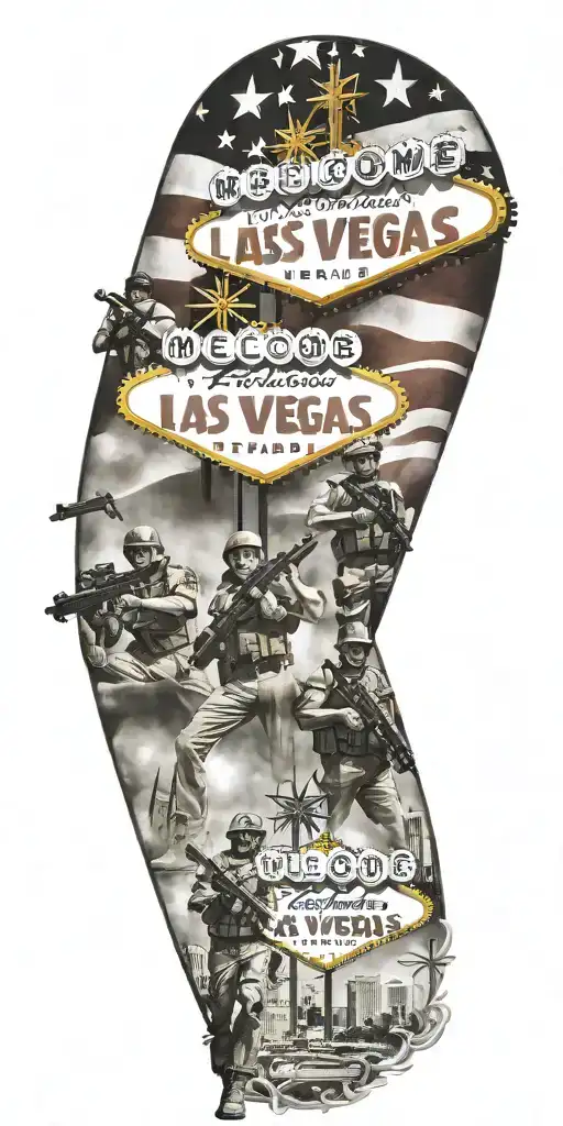 Patriotic Tattoo Depicting Soldiers And The Welcome To Las Vegas Sign