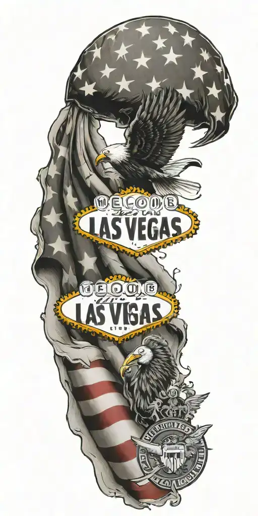 Patriotic Tattoo Depicting The 101St Airborne Crest And The Welcome To Las Vegas Sign