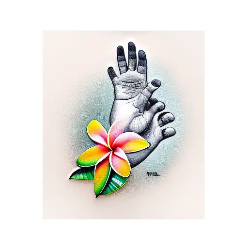 Baby Hand Print With 3 Plumeria Flowers