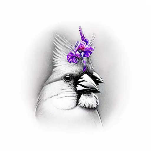 A Realistic Portrait Of A Cardinal Surrounded By Purple Iris Flowers