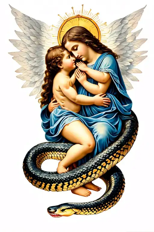 Our Lady Hugging A Child And Stepping On The Head Of A Snake
