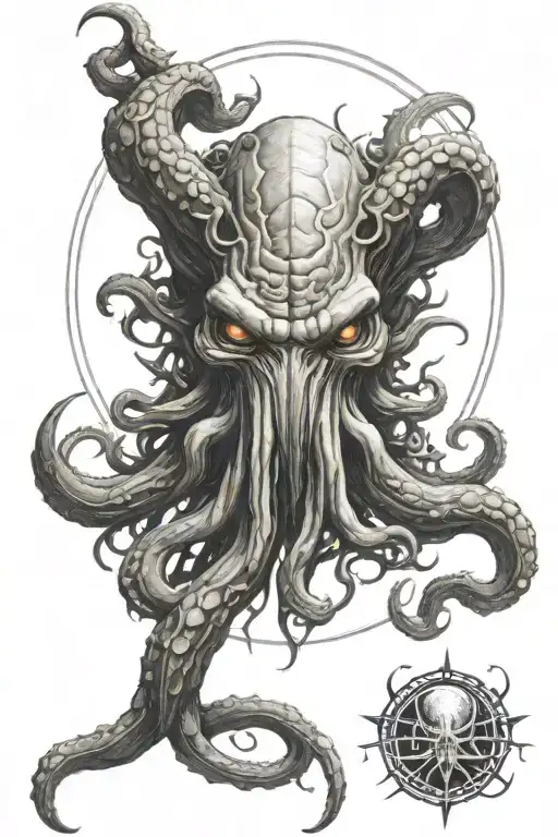 Sketch Of A Cthulhu Head Tattoo Without Wings With A Pentagram In The Background
