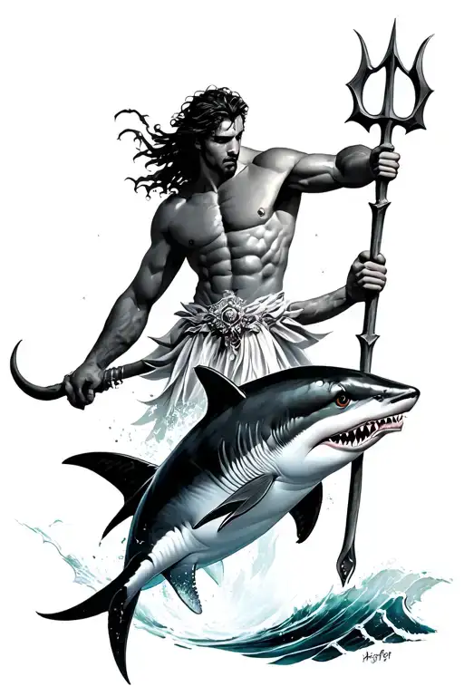 Poseidon Holding A Trident Ve Shark Jumping Dolphin Geometric