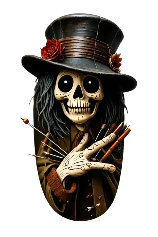 Voodoo Doll With Cylinder Hat And Needles On His Own Hand And Nature