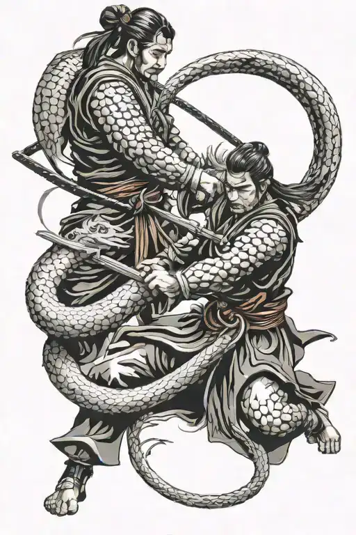 Samurai Fighting With Ouroboros Snake