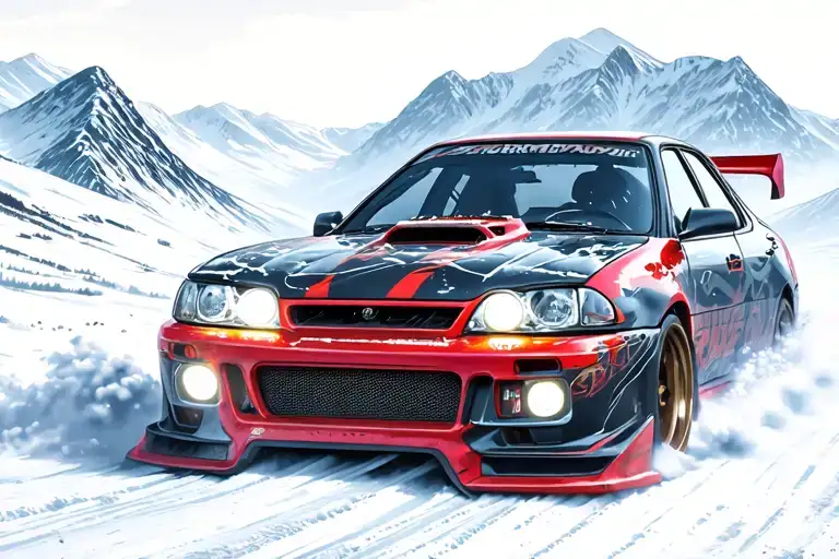 Drift Initiald Car With Popup Headlights In The Snowy Mountains