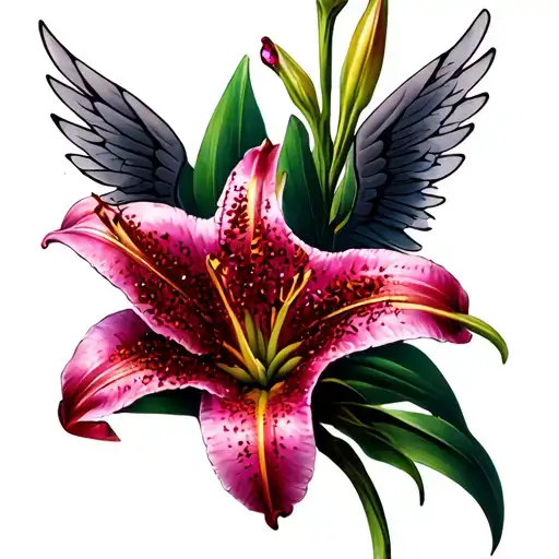 Lily Flower Next To A Ruby With Wings