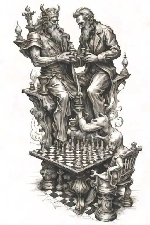 God And Devil Play Chess With Human Figures