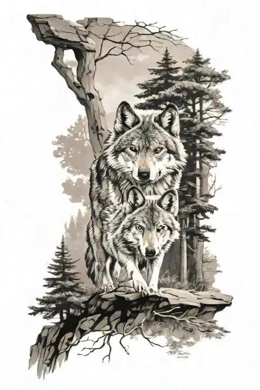 A Tattoo Of A Wolf Leading Young Cub Through Forest On A Rocky Path