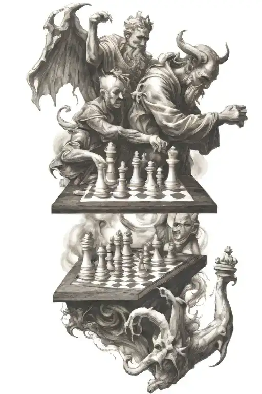God And Devil Play Chess With Human Figures