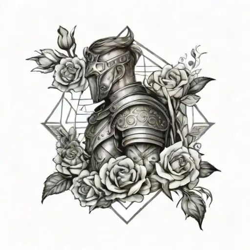 Design A Tattoo Featuring A Warrior Surrounded By Lisianthus Flowers In A Geometric Border