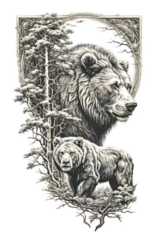 Bear And Lion With Trees Background Looking