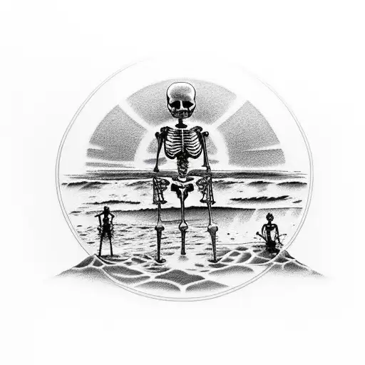Beach Sunset With Skeleton Construction Worker