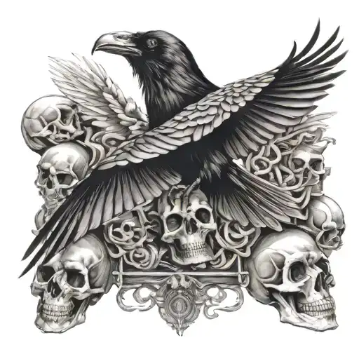 Chest Tattoo Raven Flying Carrying Skull Surrounded By Smaller Piles Of Skulls
