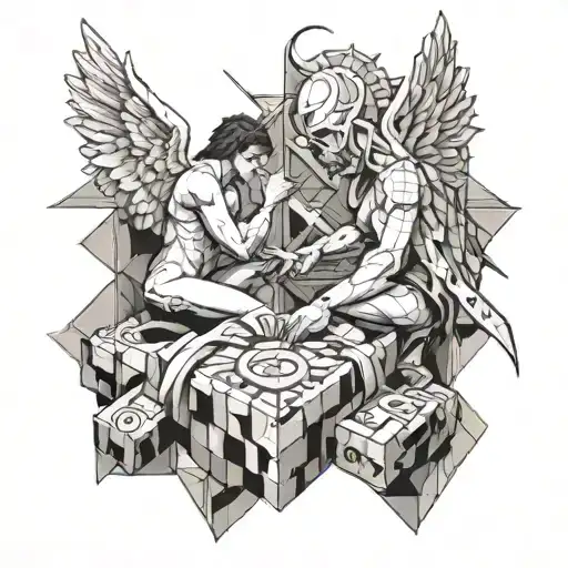 A Angel And Devil Facing Off In A Geometry Box