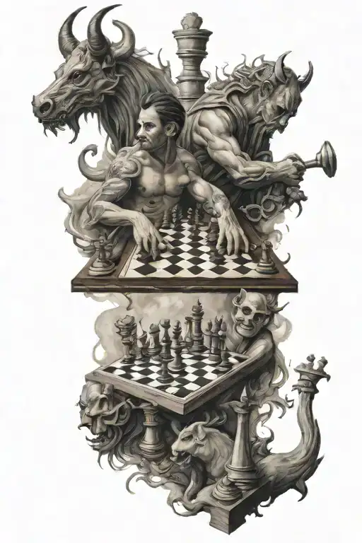 God And Devil Play Chess With Human Figures