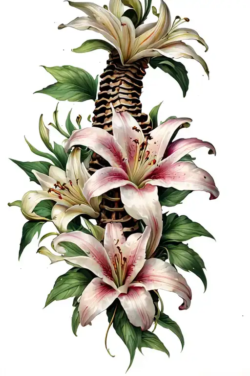 Spine Tattoo Wrapping Around Lily Flowers