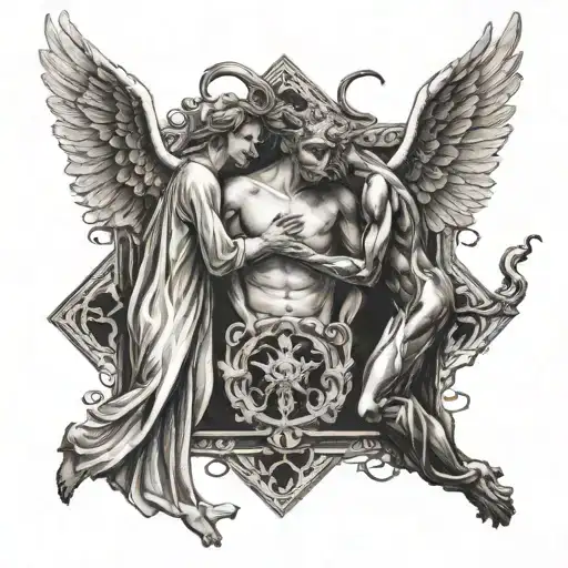 A Angel And Devil Facing Off In A Square