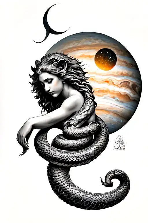 Lion Headed Serpent Wrapped Around A Woman With Jupiter The Moon And Sun In Background