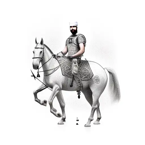 A Wounded Islamic Warrior With A Sword Stuck In His Back Sitting On A Horse