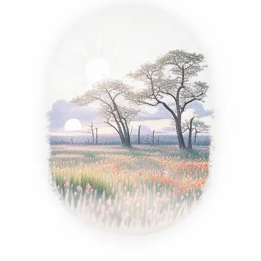 A Serene Prairie Landscape With Wildflowers And A Sun Setting In The Background
