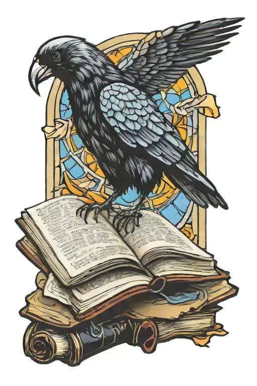 Cathedral Windows Stained Glass Crow Holding Book And Looking Down At Book