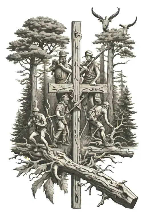 Trombones In Cross With Forest And Hiker Above The Crossed Trombones