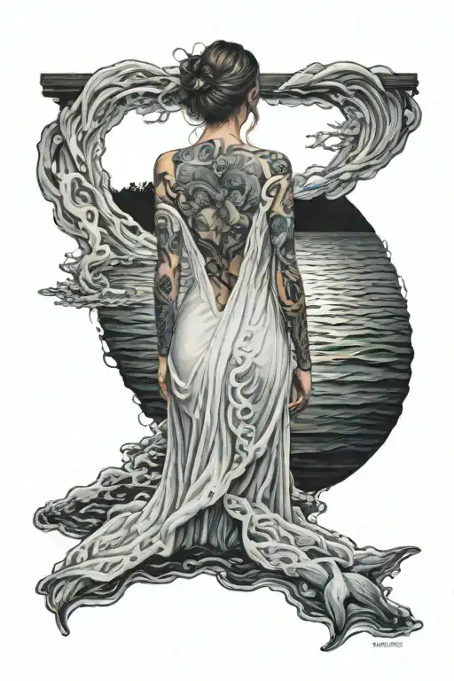 Flowy White Gown Woman Standing In Dark Water At Night Facing Away Holding Syth