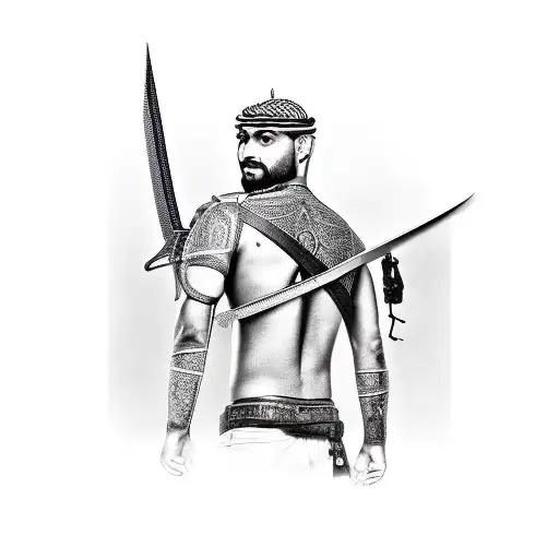 A Wounded Islamic Warrior With A Sword Stuck In His Back Kneeling And Dying