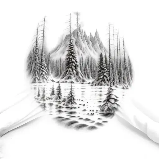 Cloudy Forest With A River In The Middle And Mountains In The Background