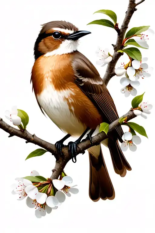 Shrike Bird With Curved Beak On A Hawthorn Tree Branch With White Flowers