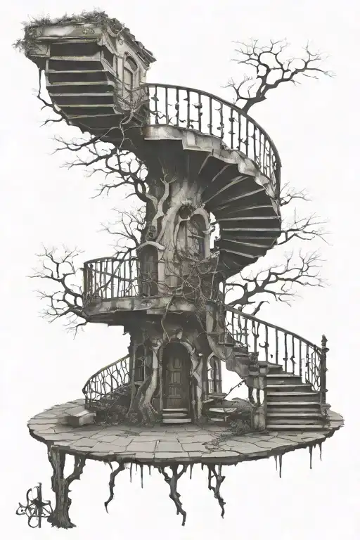 Spiral Staircase Deteriorating With A Tree Gothic Architecture