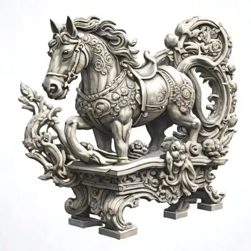 A Horse Carving A Wooden Buddha Statue