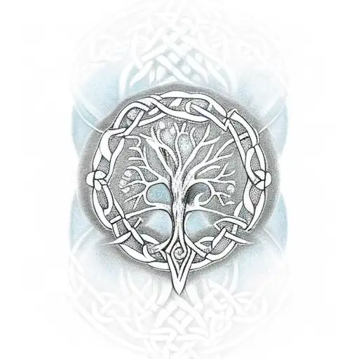 Celtic Tree Of Life Behind A Double Edge Long Sword