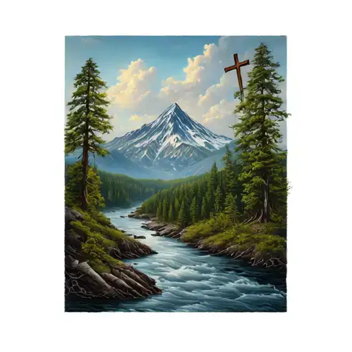 Nature With Trees A River And A Mountain With A Cross