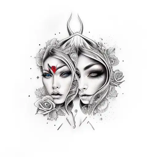 Womans Full Face And Upper Body Portrait With Good And Evil Side