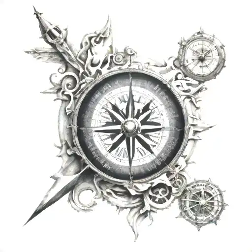 A Traveler's Compass Surrounded By Architectural Elements From Around The World In Black-grey Style
