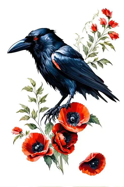 Raven Holding Poppies