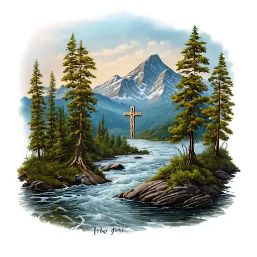 Nature With Trees A River And A Mountain With A Cross