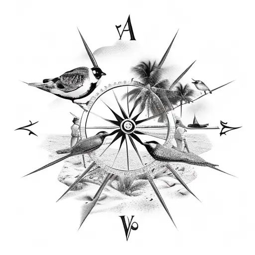 Black And White Beach Scene With Hourglass And Compass With Birds Flying Around And Some Spruse