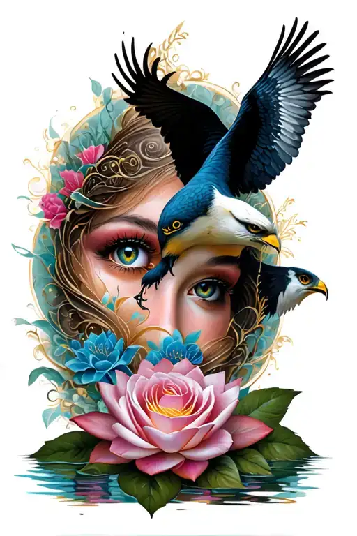 Lotus Flower And Rose And Eyes And Falcon Soaring