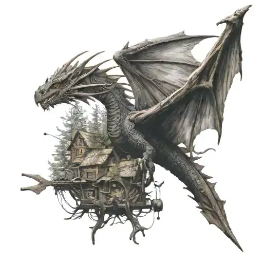A Dragon Flying Over A Forest Of Woodworking Tools