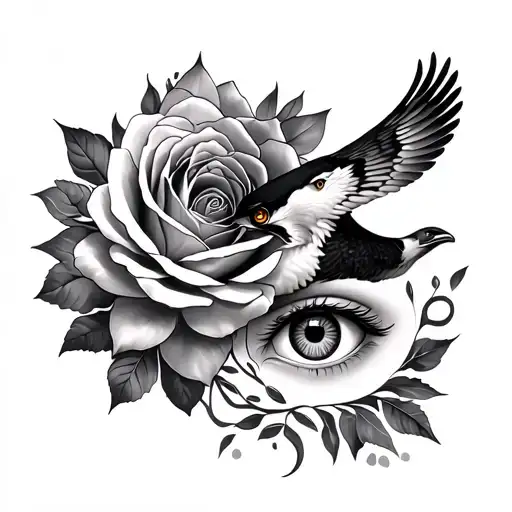 Rose And Eyes And Lotus Flower And Falcon Soaring