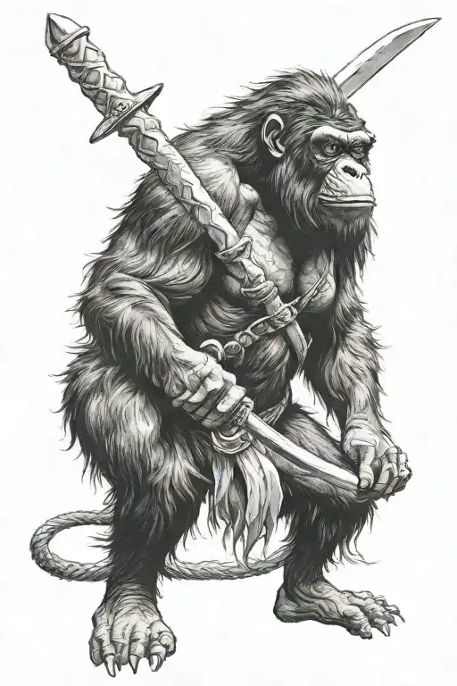 Big Black Hairy Ape Holding A Sword