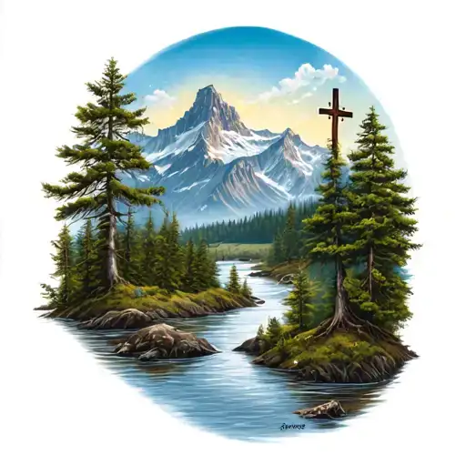 Nature With Trees A River And A Mountain With A Cross