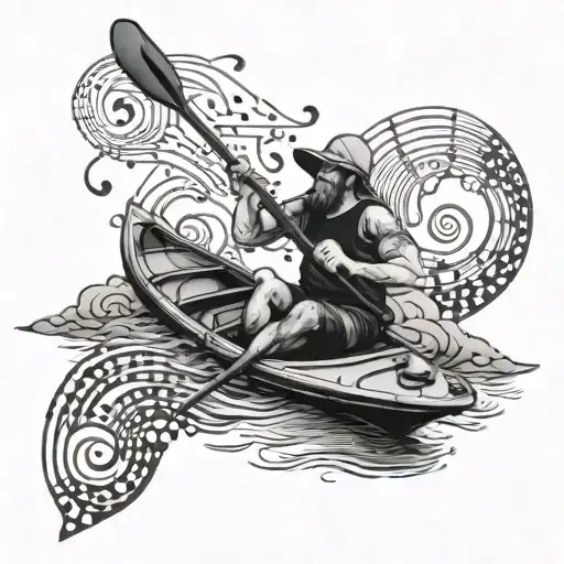 A Kayaker Navigating Through A River Filled With Music Notes And Symbols In A Blackwork Pattern