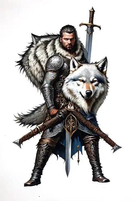 A Warrior With A Sword And A Wolf