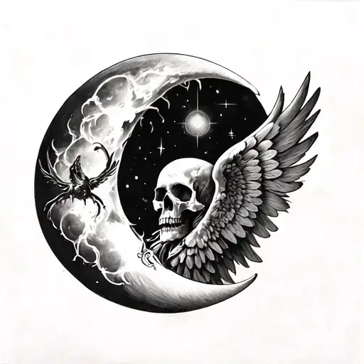 Crescent Moon With Wings Mixed With Death Imagery
